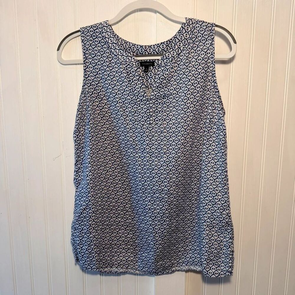 Talbots Linen Blouse Women’s S sleeveless navy white geometric